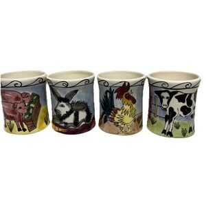 Tika by Lotus International Hand Painted Mugs Farm Animals Set Of 4 Cow, Chicken